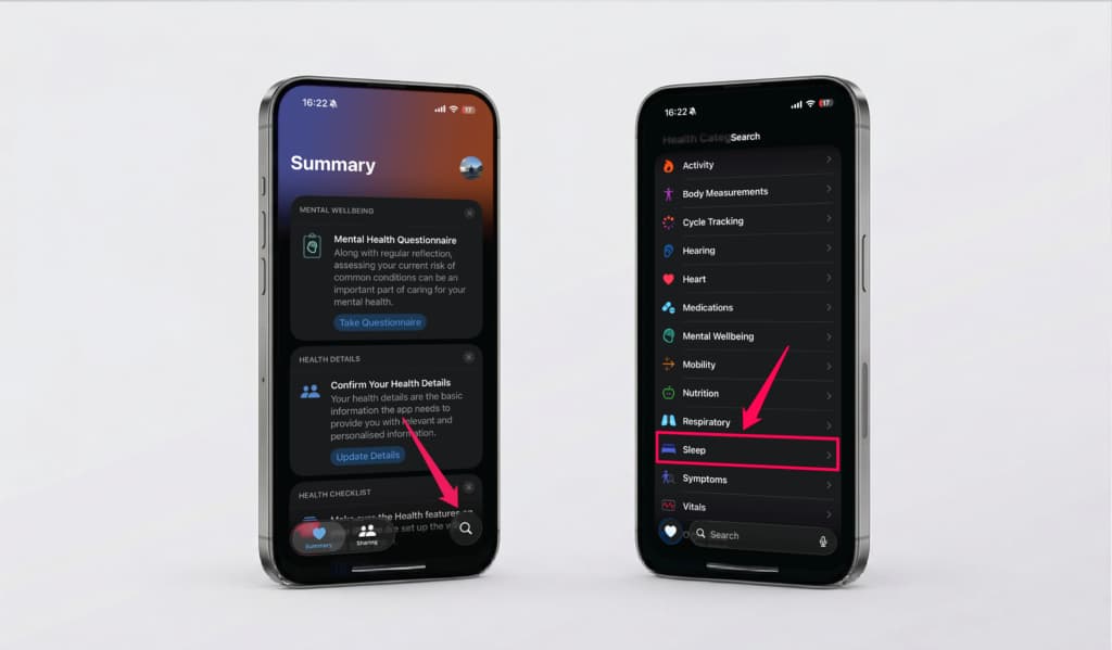 Apple Watch sleep tracking setup in the Health app showing Summary and the Sleep category