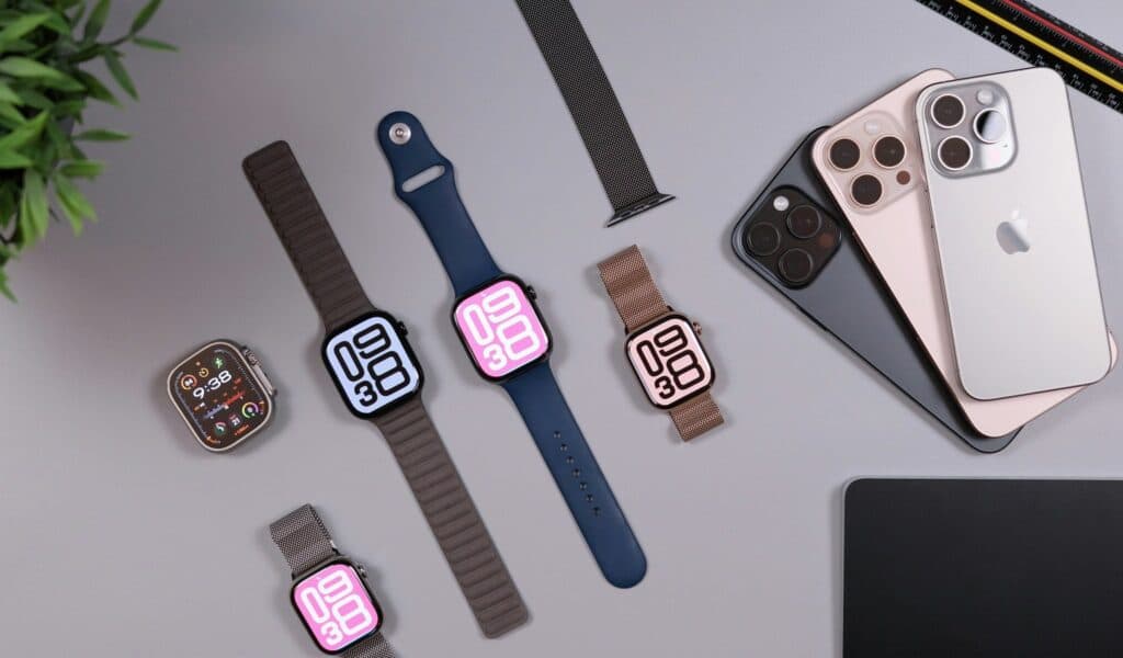 Apple Watch models and iPhones on a desk for how to set up Apple Watch.