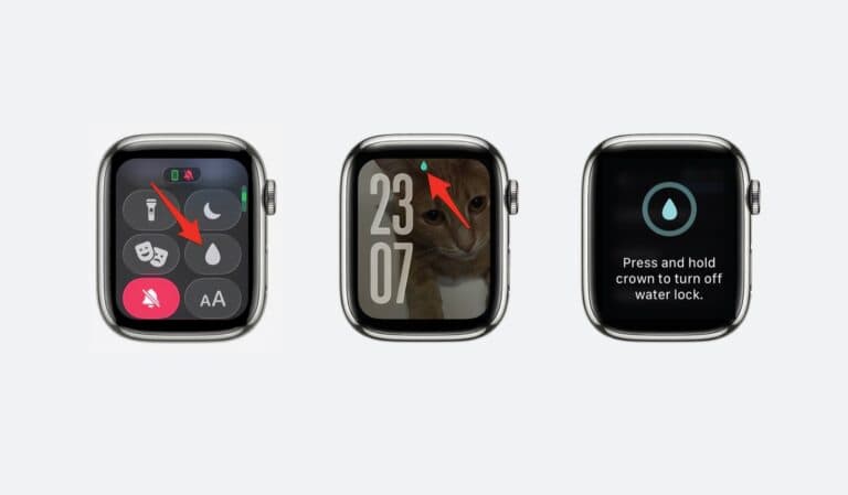 Apple Watch Water Lock screens showing how to turn Water Lock on, confirm it is active, and press the Digital Crown to turn it off