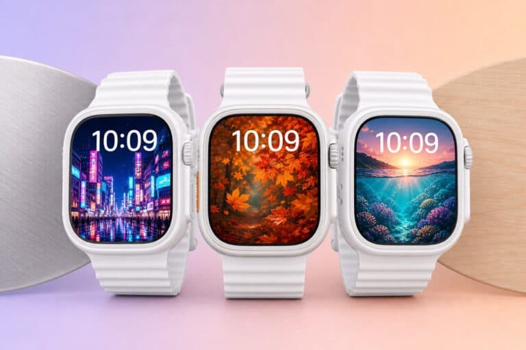 Downloadable Apple Watch faces featured image with city, autumn, and ocean wallpaper designs