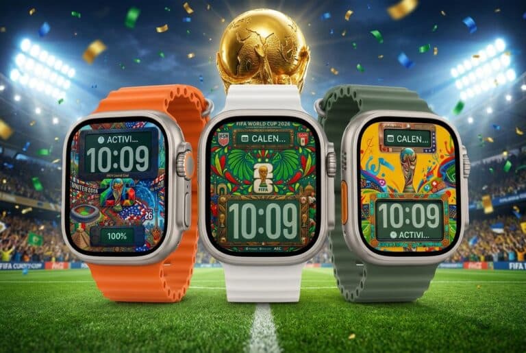 World Cup 2026 Apple Watch faces on three Apple Watch Ultra mockups in a stadium with trophy