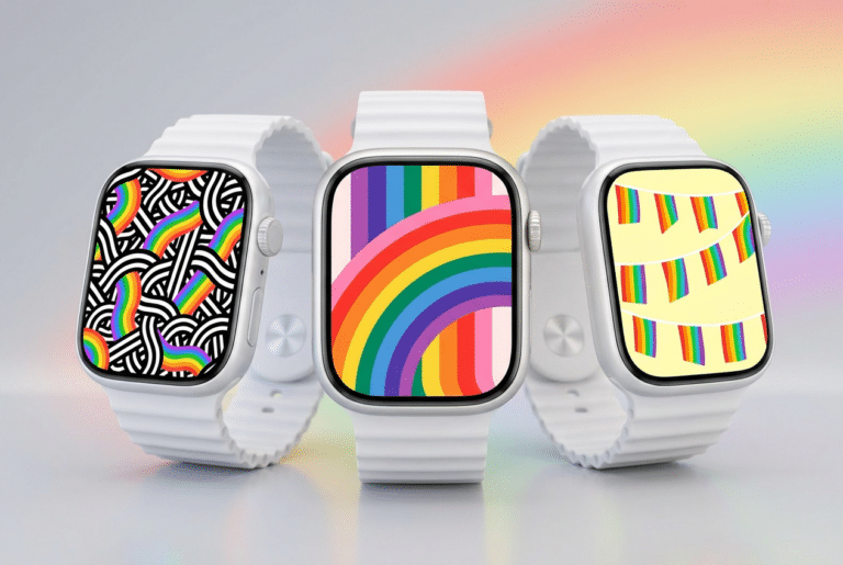 Pride Apple Watch faces shown on three Apple Watch mockups with rainbow designs.