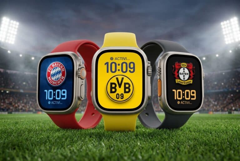 Bayern Munich, Borussia Dortmund and Bayer Leverkusen Bundesliga Apple Watch faces in a football stadium