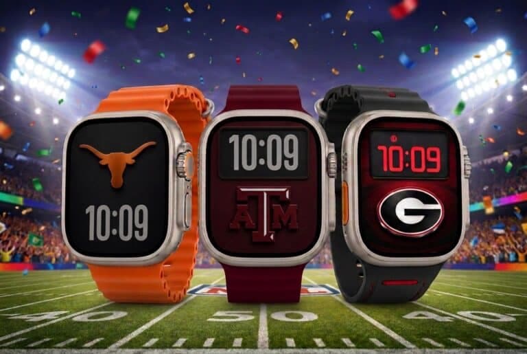 College football Apple Watch faces for Texas, Texas A&M and Georgia in a stadium