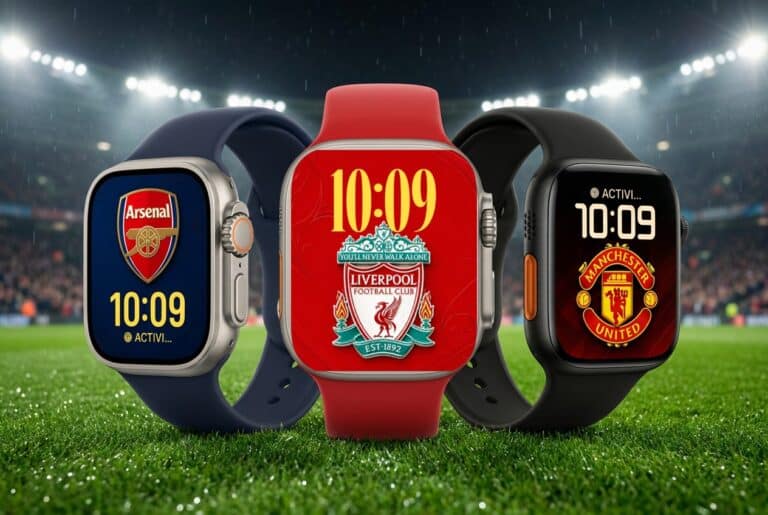 Arsenal, Liverpool and Manchester United Premier League Apple Watch faces in a football stadium