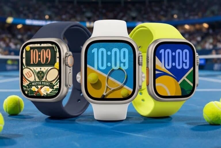 Three tennis Apple Watch faces on a blue hard court under stadium lights