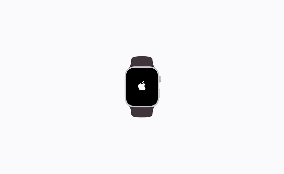 Relógio Apple inicializando com o logotipo da Apple em uma tela preta.