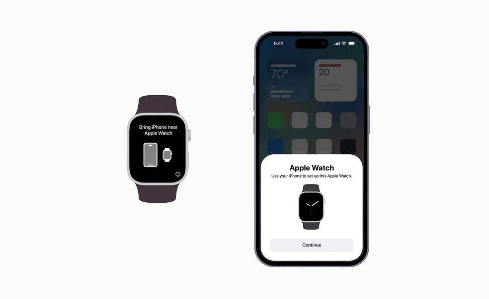 Relógio Apple exibindo a tela “Aproxime o iPhone do Relógio Apple” com um iPhone mostrando um prompt de pareamento.
