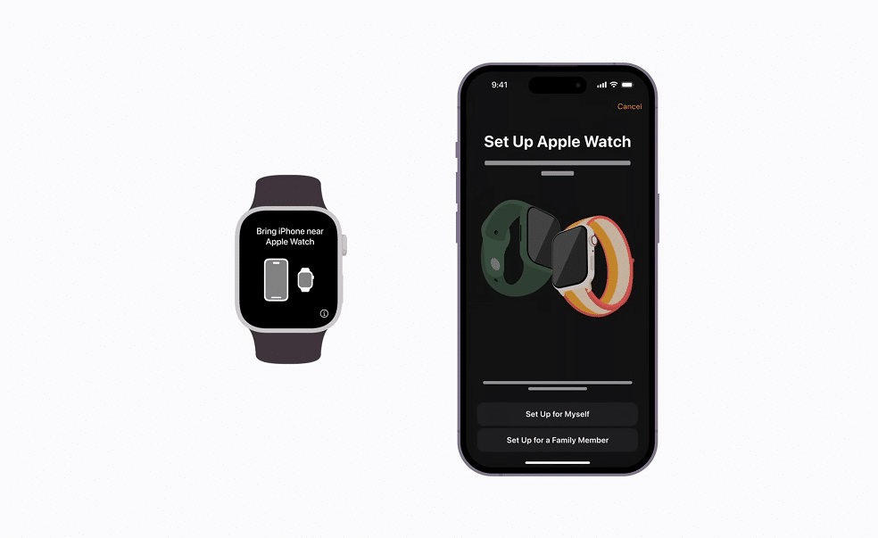Tela de configuração do Relógio Apple no iPhone mostrando opções para configurar para mim ou para um membro da família.