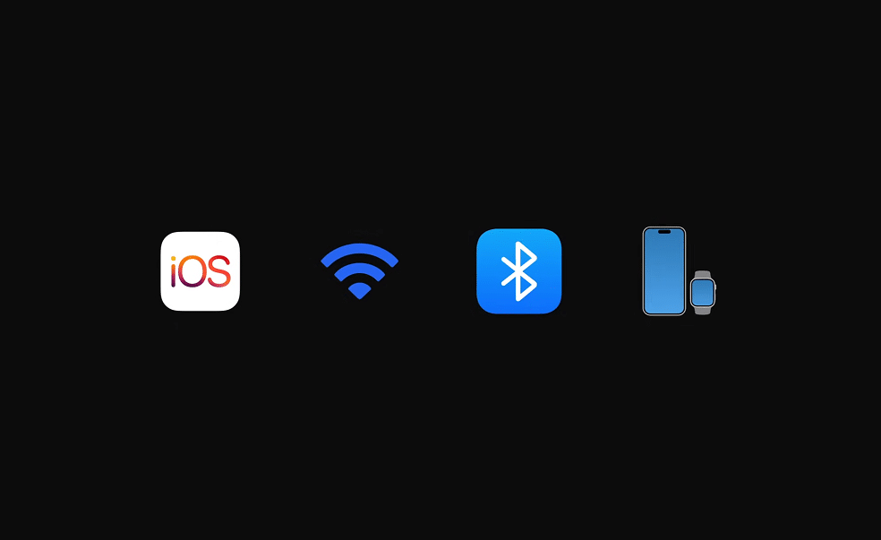 Ícones indicando iOS, Wi-Fi, Bluetooth e um iPhone com um Relógio Apple para requisitos de configuração.