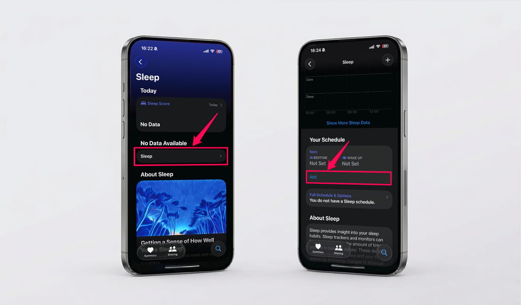 Health app Sleep section showing where to add a sleep schedule on iPhone