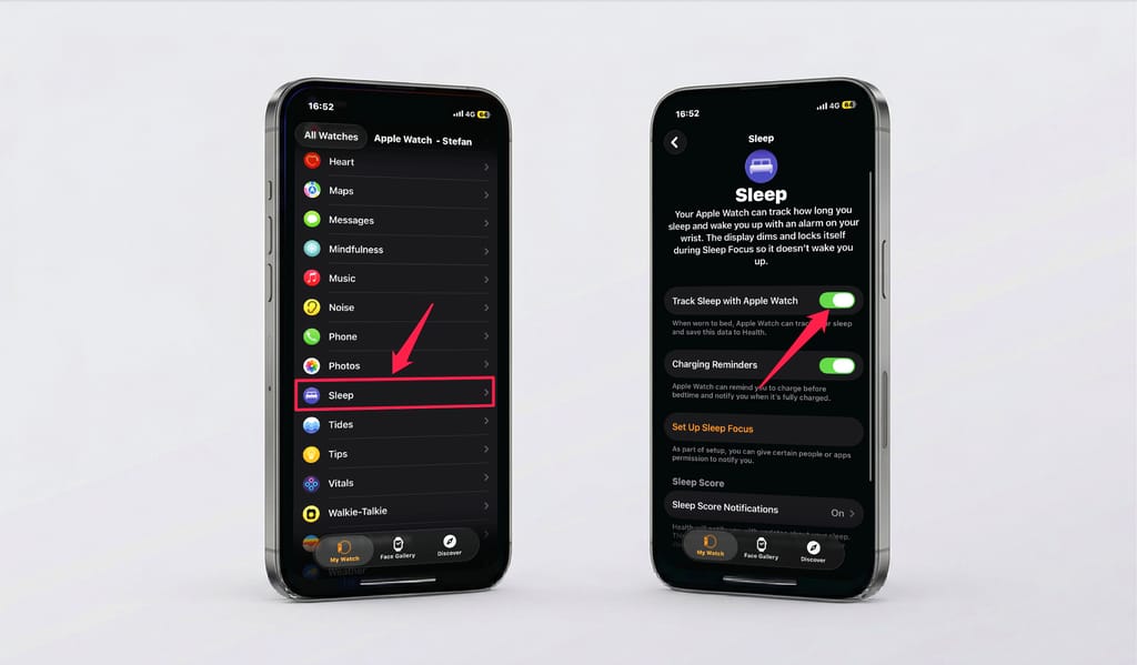 Watch app Sleep settings with Track Sleep with Apple Watch enabled