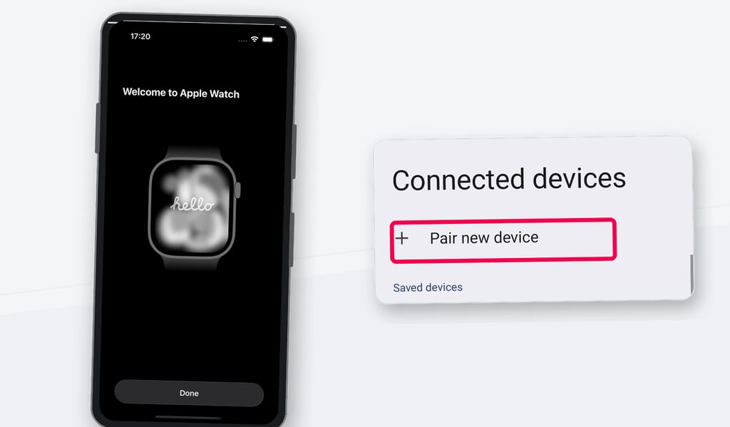 Actual Android Bluetooth settings and iPhone Watch app simulator screenshots showing that Apple Watch setup cannot be completed from Android.
