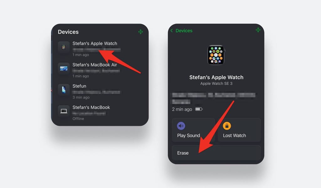 Find My device list showing Apple Watch erase and Remove from Account steps for clearing Activation Lock