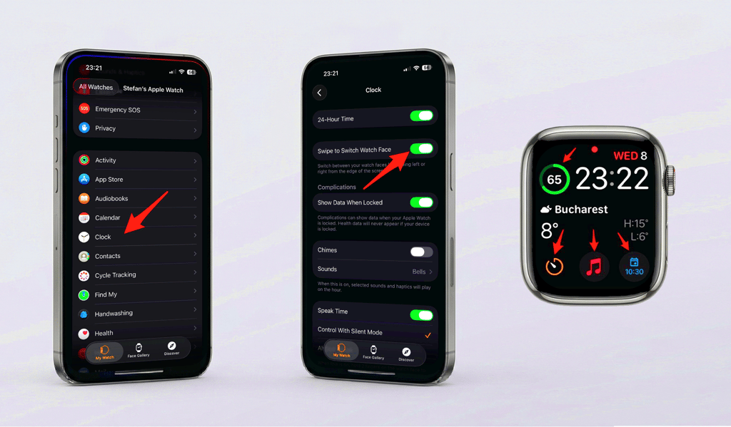 iPhone Watch app Clock settings with Swipe to Switch Watch Face enabled and Apple Watch complications highlighted