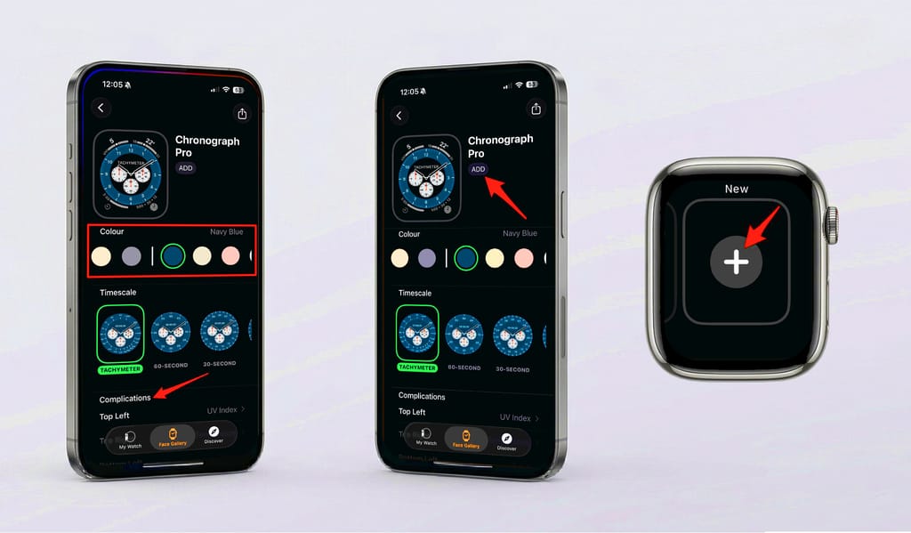 iPhone Watch app screens showing Apple Watch face color options, complications, and the Add button