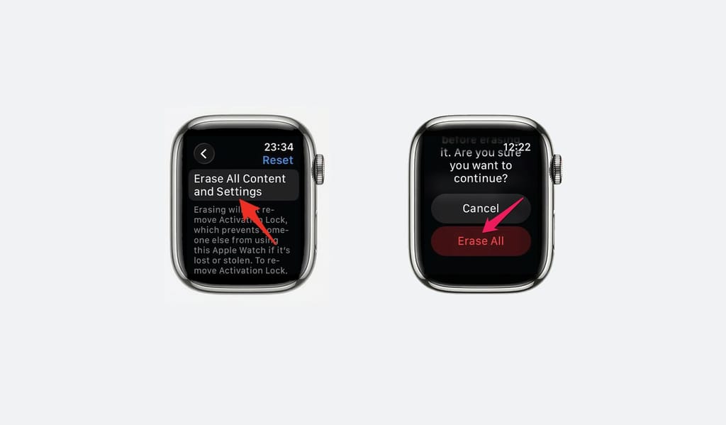 Apple Watch Erase All Content and Settings confirmation screens used to reset the watch without an iPhone