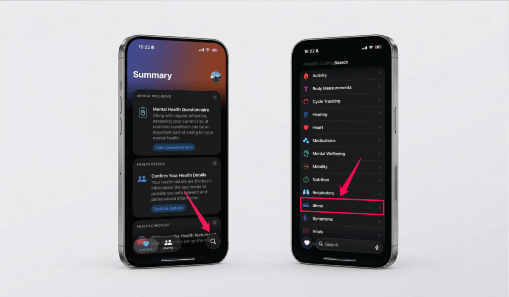 Apple Watch sleep tracking setup in the Health app showing Summary and the Sleep category