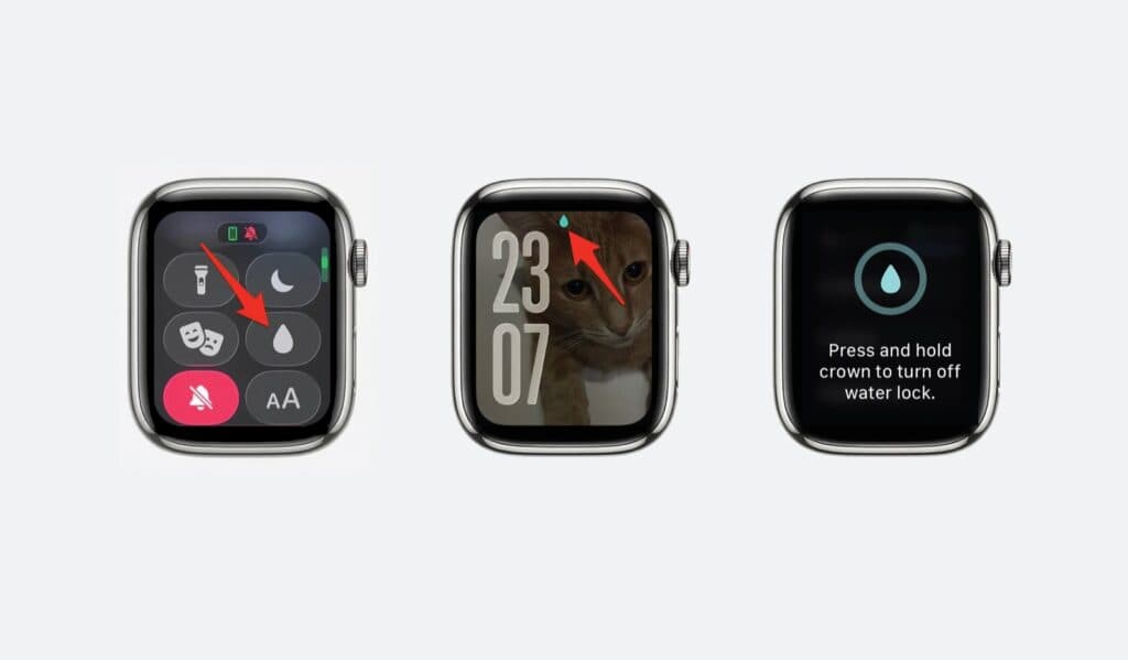 Apple Watch Water Lock screens showing how to turn Water Lock on, confirm it is active, and press the Digital Crown to turn it off