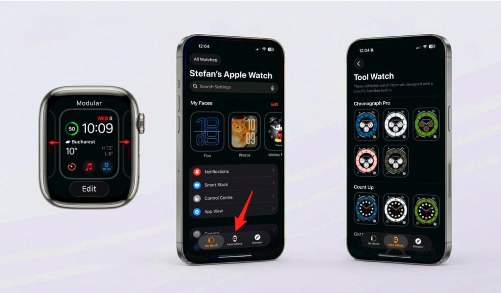 Apple Watch and iPhone screens showing how to change an Apple Watch face and open Face Gallery