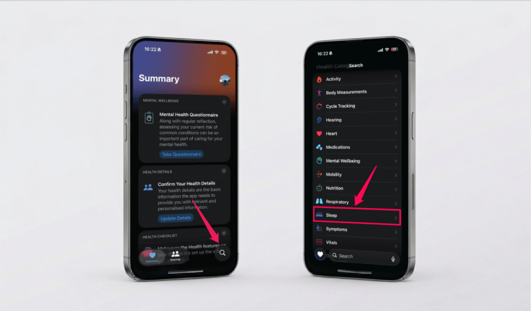 Apple Watch sleep tracking setup in the Health app showing Summary and the Sleep category