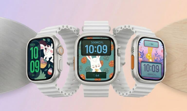 Three Apple Watches showing Easter-themed watch faces with bunny, eggs, and pastel spring artwork.
