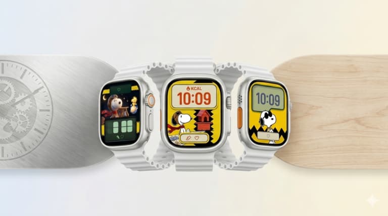 Snoopy Apple Watch faces shown on three Apple Watches with Flying Ace Snoopy and comic-inspired Peanuts designs