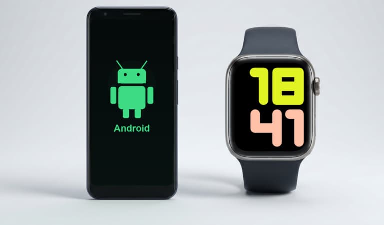 Editorial hero showing an Android phone with Android branding beside an Apple Watch for an Apple Watch Android compatibility guide.