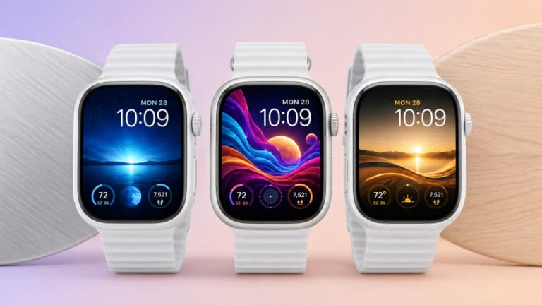 Three white Apple Watch mockups showing blue horizon, colorful abstract waves, and golden wallpaper-style faces