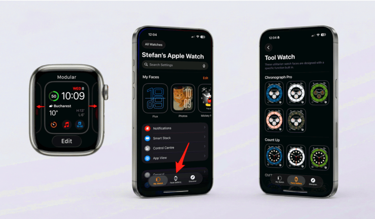 Apple Watch and iPhone screens showing how to change an Apple Watch face and open Face Gallery