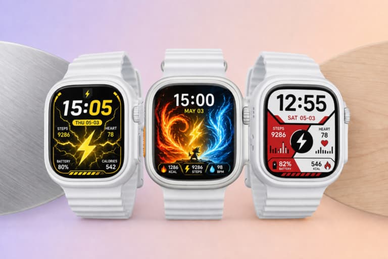 Three Apple Watch mockups showing Pokemon-inspired electric, elemental, and red-and-white watch face styles