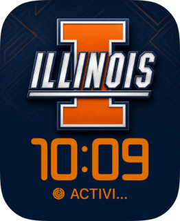 Fighting Illini watch face layers Illinois' orange Block I, slanted wordmark, and matching clock over navy