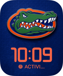 Florida Gators watch face gives the green alligator head the full spotlight above orange numerals