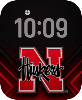 The Nebraska Huskers watch face anchors bright red time above a block N and handwritten Huskers script