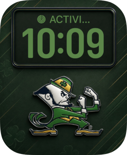 Notre Dame college football watch face with a Fighting Irish leprechaun and green clock