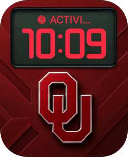 The Oklahoma Sooners watch face places a beveled interlocking OU beneath brilliant crimson time