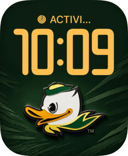 The Oregon Ducks watch face tops a friendly Oregon Duck head with oversized gold numerals
