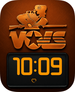 The Tennessee Vols watch face frames orange VOLS lettering and a Volunteer rifleman above its glowing clock