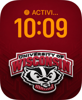 The Wisconsin watch face places Bucky Badger beneath warm amber time on a textured crimson field