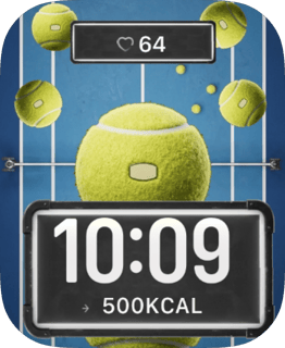 Tennis Court Bounce watch face with a blue court, oversized tennis balls and a high-contrast activity display