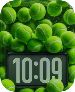 Ball Pile tennis watch face with a gray digital clock surrounded by vivid green tennis balls