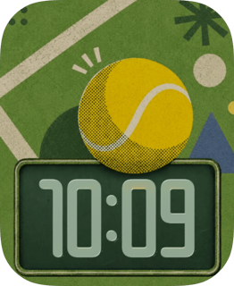 Baseline Bounce tennis watch face with a halftone yellow ball, green court and gray digital clock