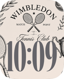Centre Court tennis watch face with vintage Wimbledon lettering, crossed rackets and large gray clock numerals