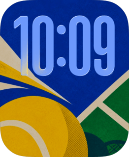 Court Pop tennis watch face with blue clock numerals, an oversized yellow ball and geometric court lines