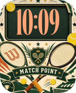 Match Point tennis watch face with coral clock numerals, crossed rackets and a dark green club crest