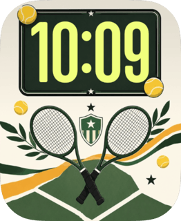 Racket Crest tennis watch face with neon clock numerals, crossed black rackets and green court lines