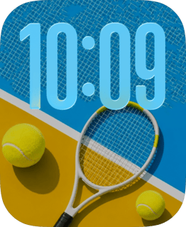 Service Box tennis watch face with a bright blue clock, racket and yellow balls on a hard court