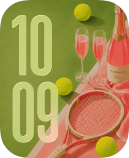 Tennis Toast watch face with pale clock numerals, a pink racket, tennis balls and two glasses