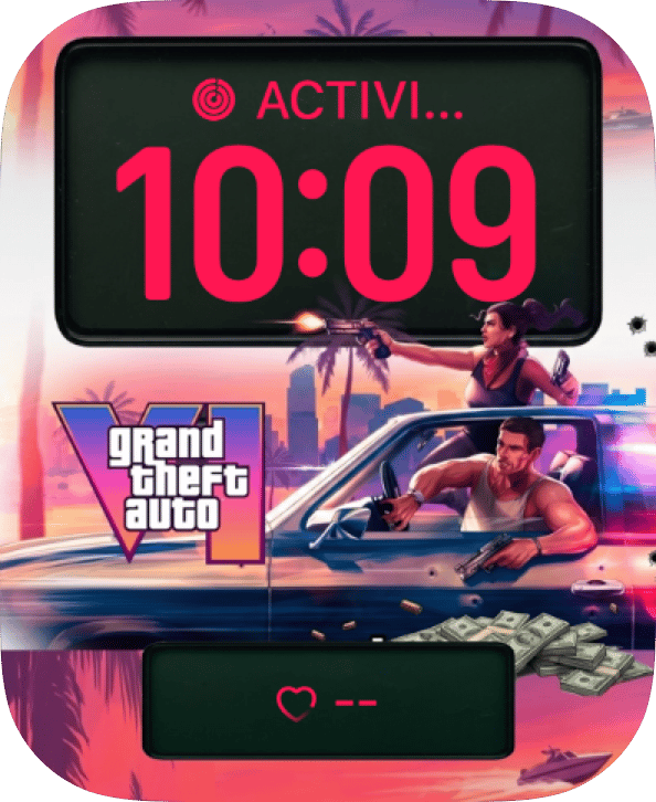 Grand Theft Auto Neon Heist watch face preview for Apple Watch