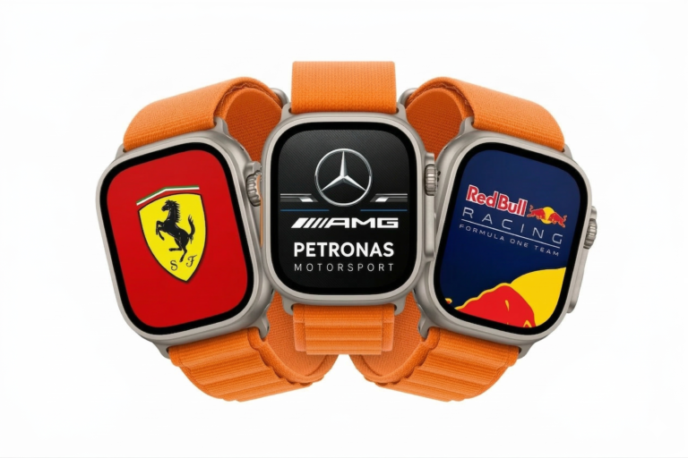 Best Formula 1 watch faces for Apple Watch in 2026 featuring Ferrari, Mercedes AMG Petronas and Red Bull Racing designs.